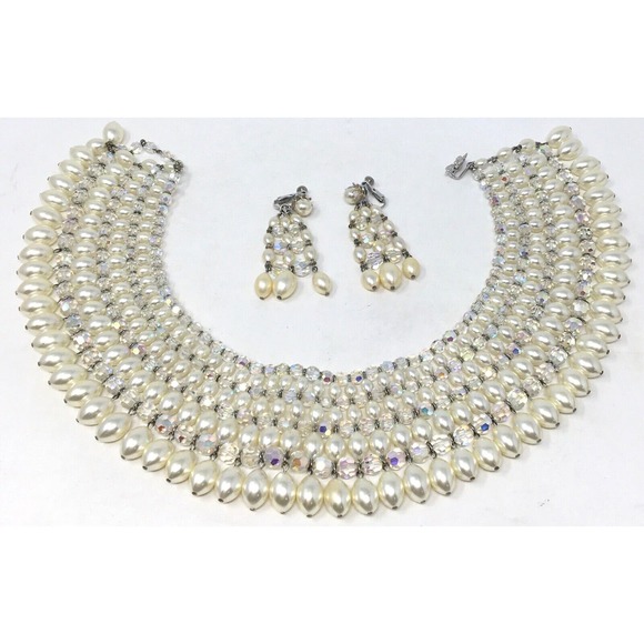 Vendome Faux Pearl Bib & AB Crystal Beads Vintage Runway Statement Necklace Set - Picture 5 of 6